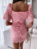 Solid Color Lace Mid-length Sleeve Dress