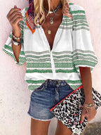 Casual Shirt-neck Button Striped Long Sleeve Blouse
