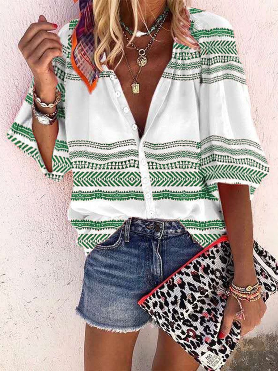 Casual Shirt-neck Button Striped Long Sleeve Blouse