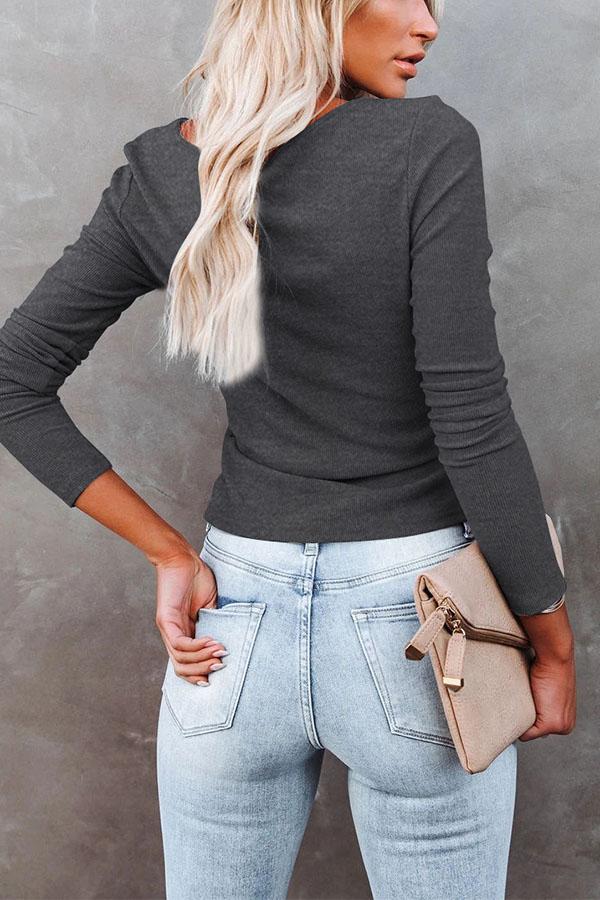 Solid Color Long-sleeved Round Neck Drawstring T-shirt
