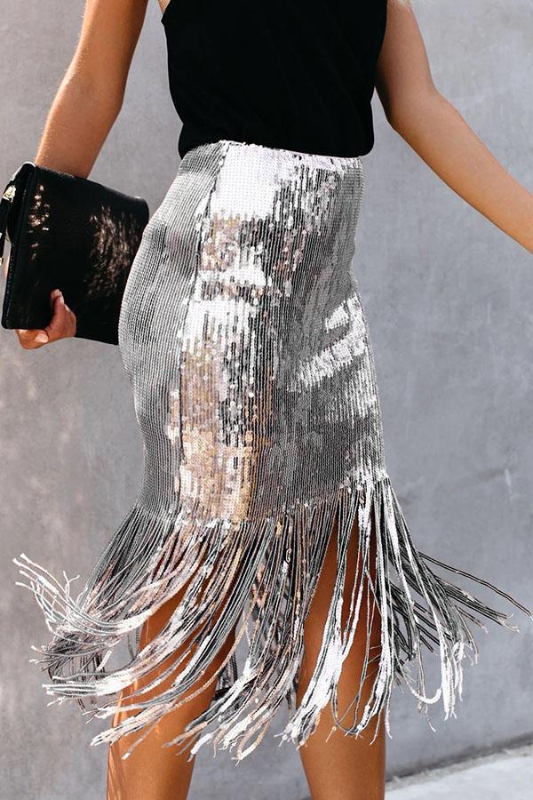 High Waist Sequined Fringed Skirt