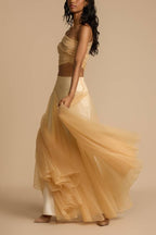 Romance Factor Satin Patchwork Tulle High Rise Elastic Waist A-line Maxi Skirt