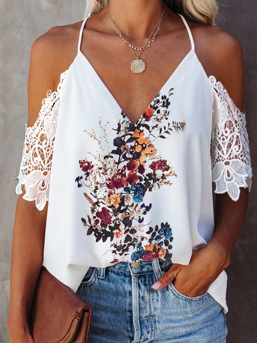 Drop Shoulder Lace Sleeve Print Camisole
