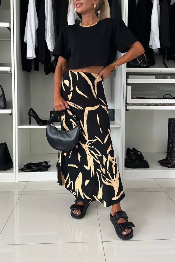 Printed Drape Midi Skirt
