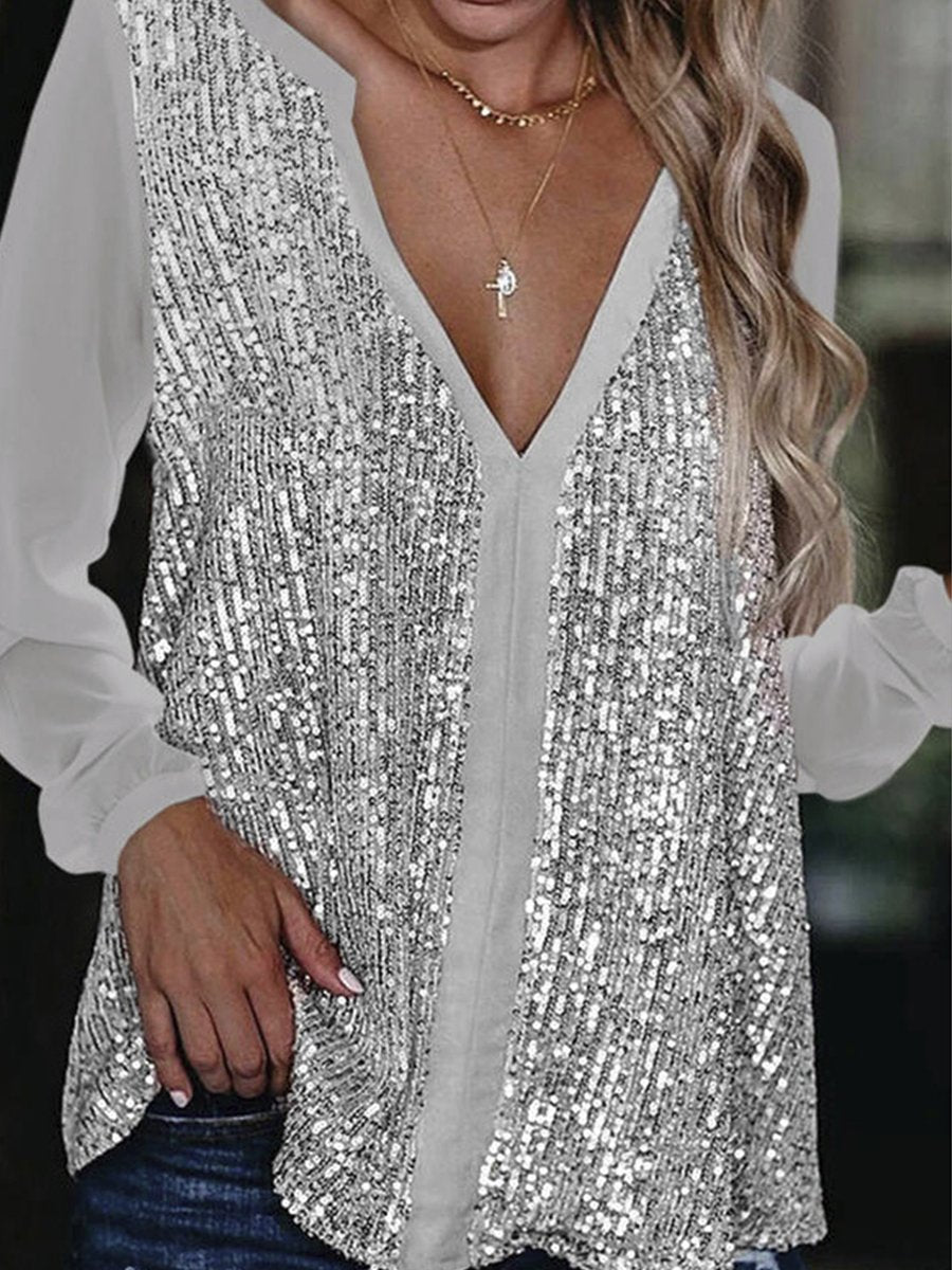 V Neck Sequined Tailored Blouse