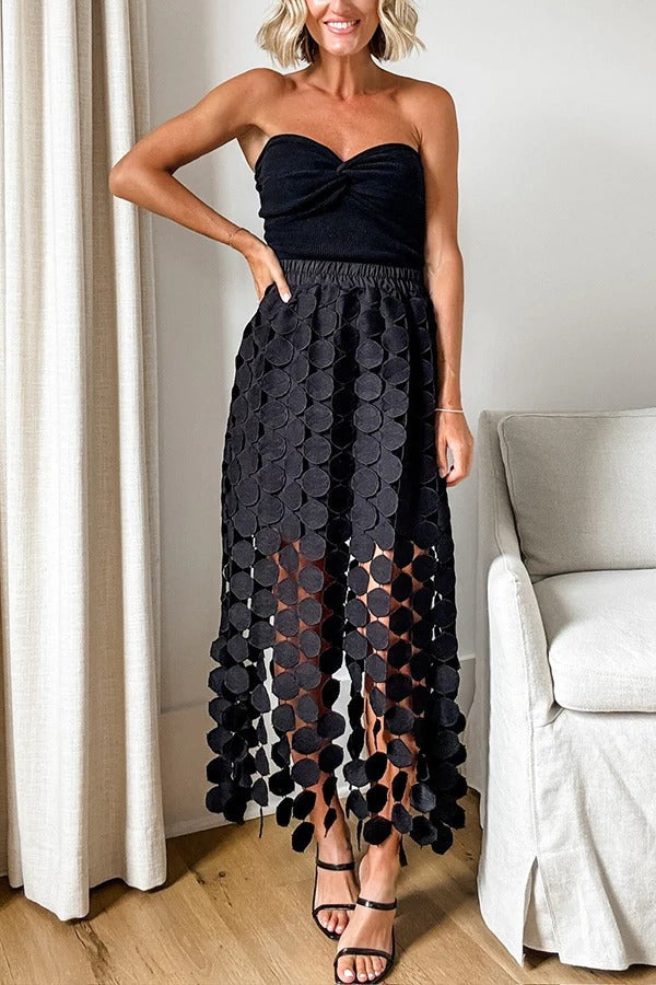 Casie See Through Circle Embroidery Elastic Waist Tassle Hem Maxi Skirt