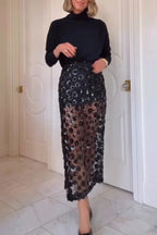 Gorgeous Flower Embellished Sequin Sheer High Rise Slit Midi Skirt