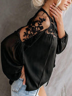 Solid Long Sleeve Lace Stiching Loose Chiffon Blouse