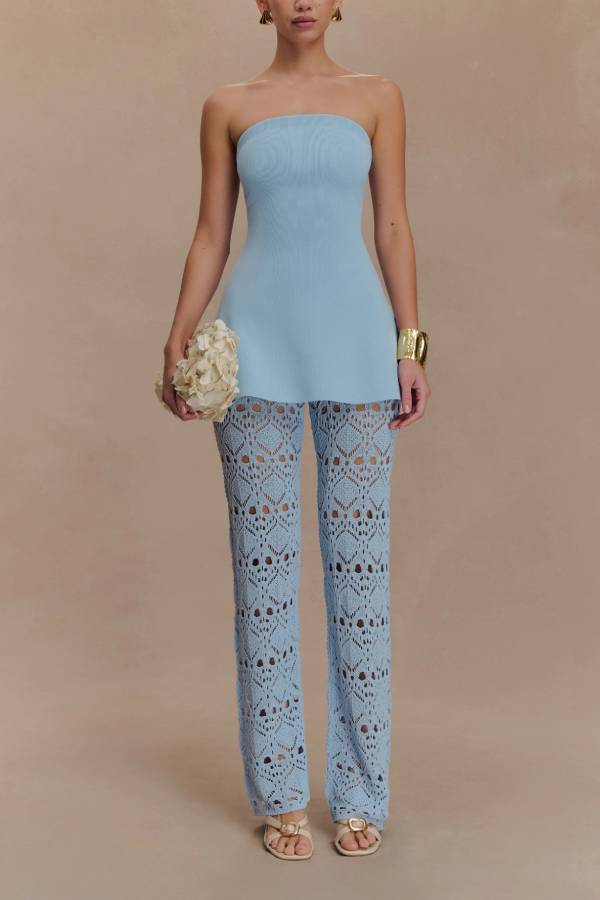 Trena Crochet Knit Hollow Mid Rise Stretch Wide Leg Pants