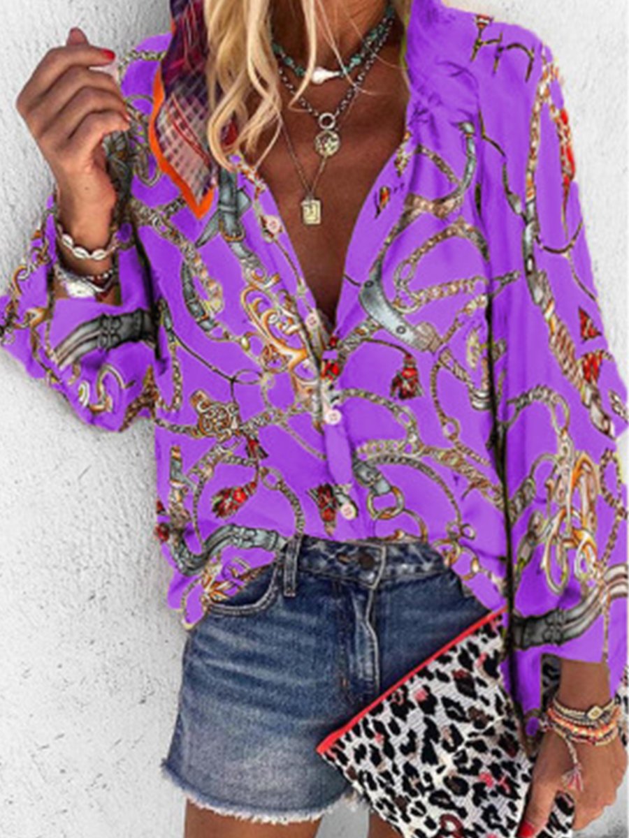 Casual Print Split Joint Turndown Collar Tops