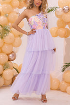 One Shoulder Floral Print Contrast Mesh Prom Dress