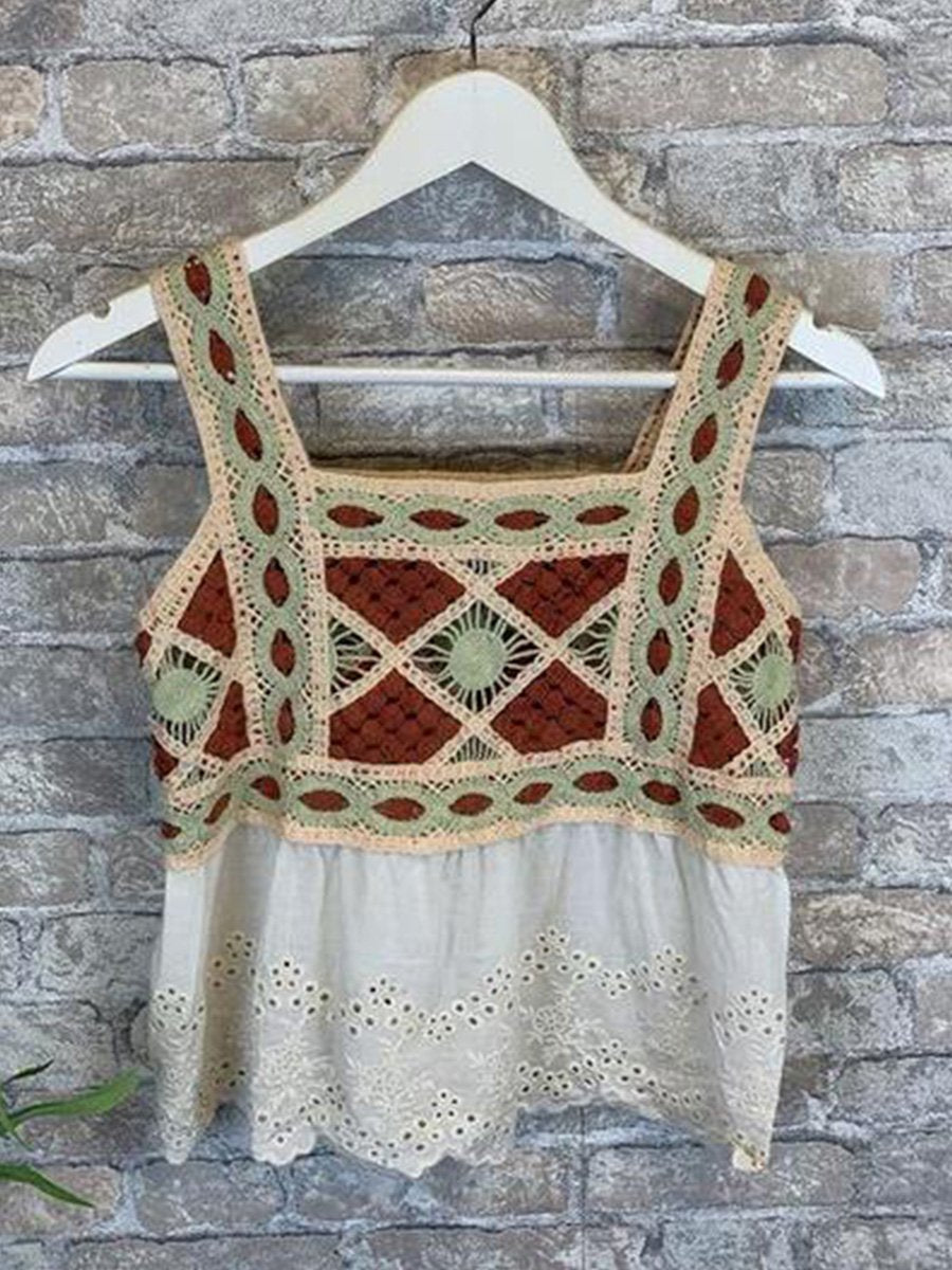 U-neck Lace Stiching Knit Beach Top