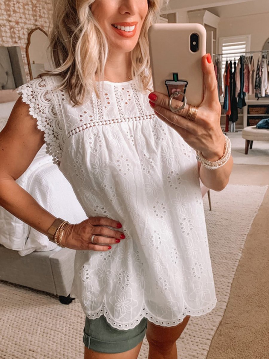 Casual Solid Color Loose Lace Blouse