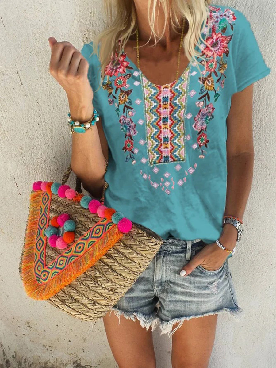 Flower Print U Collar T-shirt
