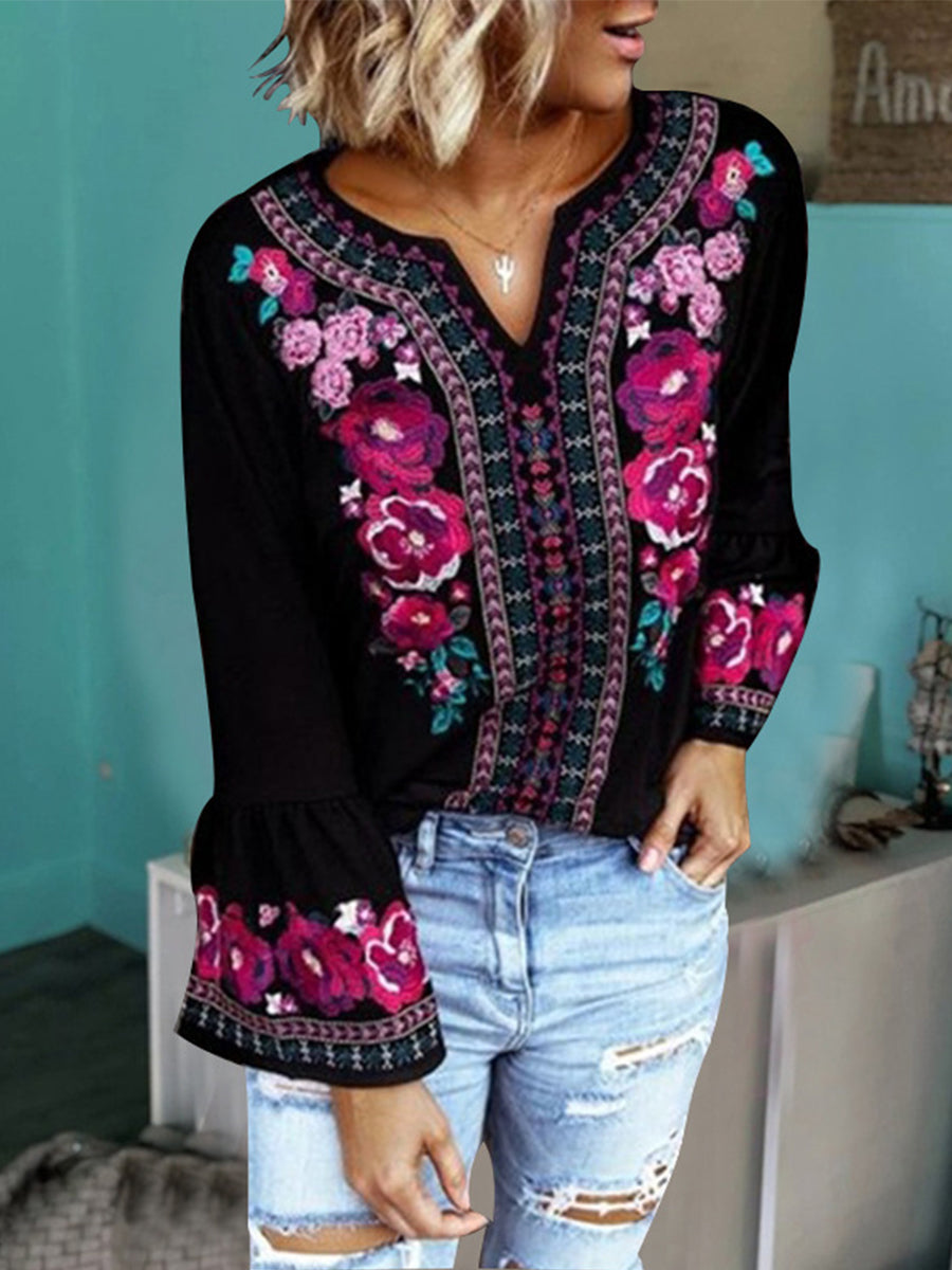 Loose Ethnic Print Long-sleeved T-shirt