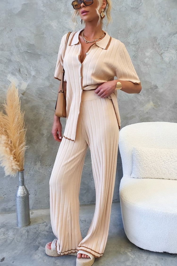 JODIE RIBBED KNIT COLOR BLOCK TRIM HIGH RISE WIDE LEG STRETCH PANTS