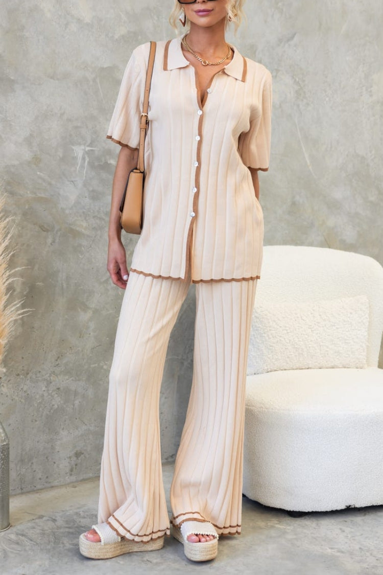 JODIE RIBBED KNIT COLOR BLOCK TRIM HIGH RISE WIDE LEG STRETCH PANTS