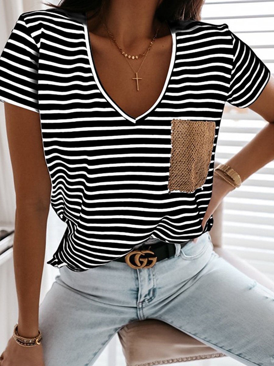 Striped Sequin Pocket V-neck Short-sleeved T-shirt