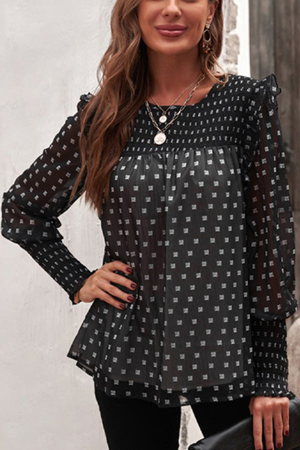 Polka dot chiffon shirt with ruffled lantern sleeves