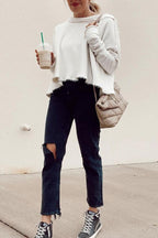 Solid Drop Shoulder Raw Seam Sweatshirt