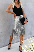 High Waist Sequined Fringed Skirt