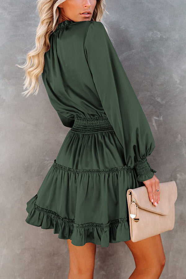 Satin Solid Color Puff Sleeve Dress