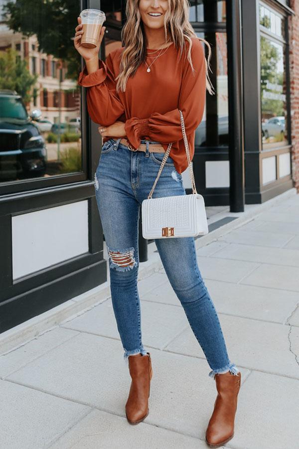 Smocked Cuff Orange Blouse