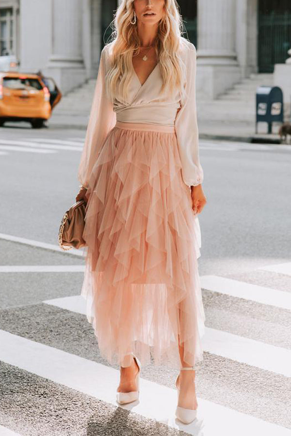 Allegro Ruffle Tulle Midi Skirt Grey Blue