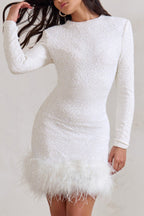 Party Must-have Sequin Long Sleeve Feather Trim Stretch Mini Dress