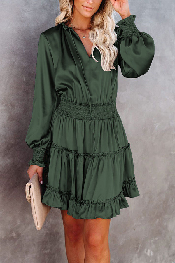Satin Solid Color Puff Sleeve Dress
