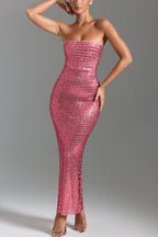 Flash Sculpture Rhinestone Embellished Bandeau Slit Stretch Maxi Dress