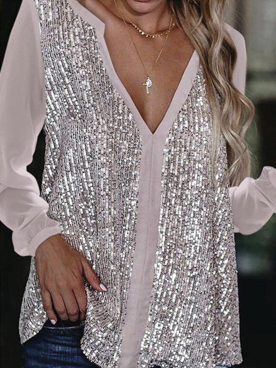 V Neck Sequined Tailored Blouse