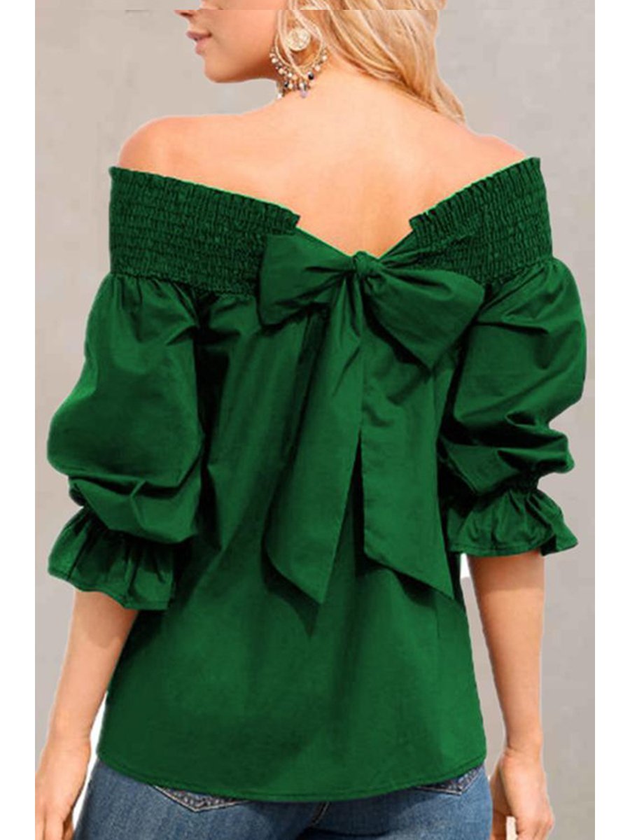 Elegant One Shoulder Bow Tie Mid Sleeve Blouse