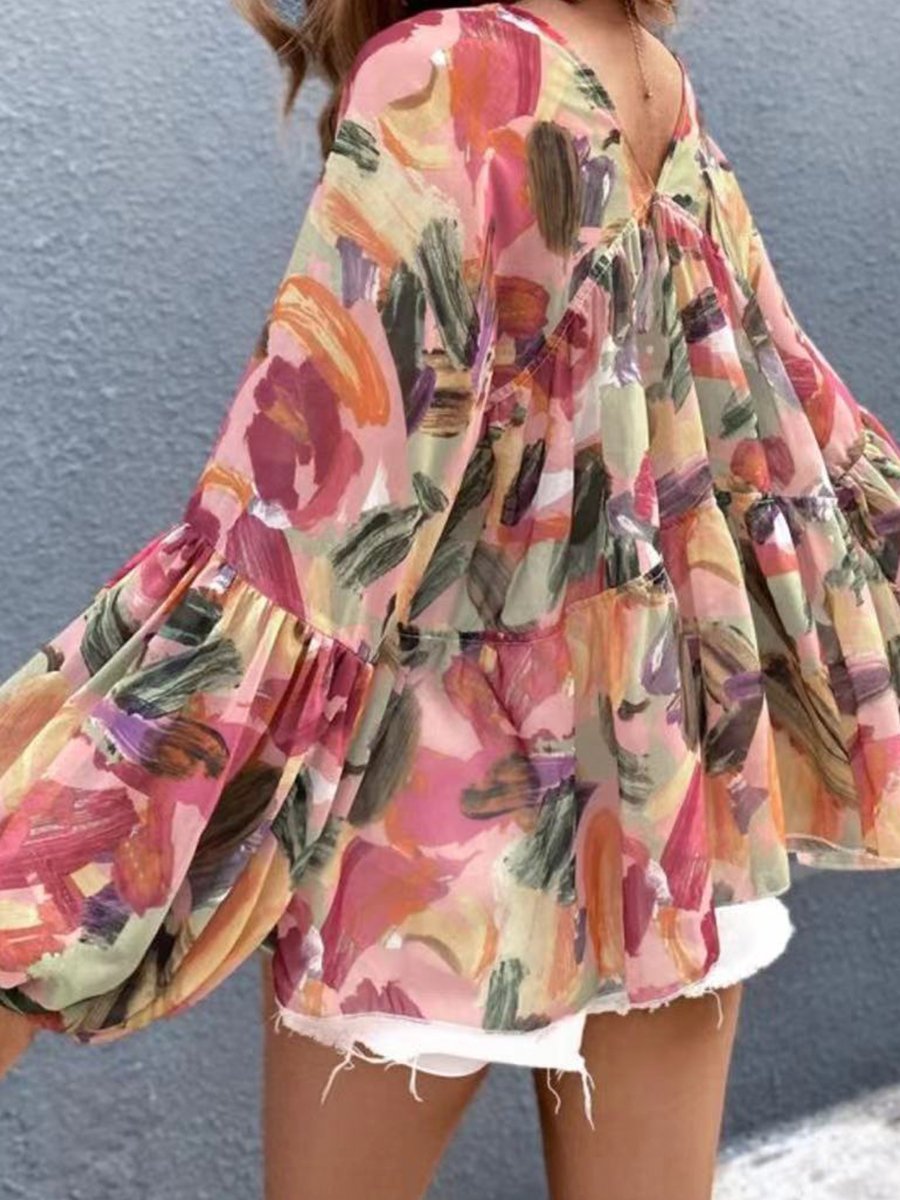 V-neck Long Bat Sleeve Print Blouse