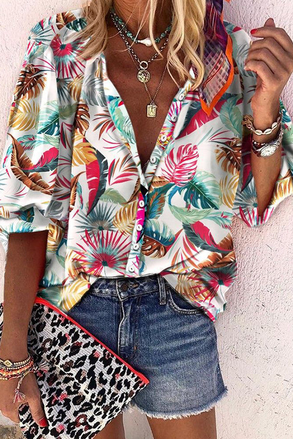 V-neck Woven Leaf Print Loose Long-sleeved Shirt