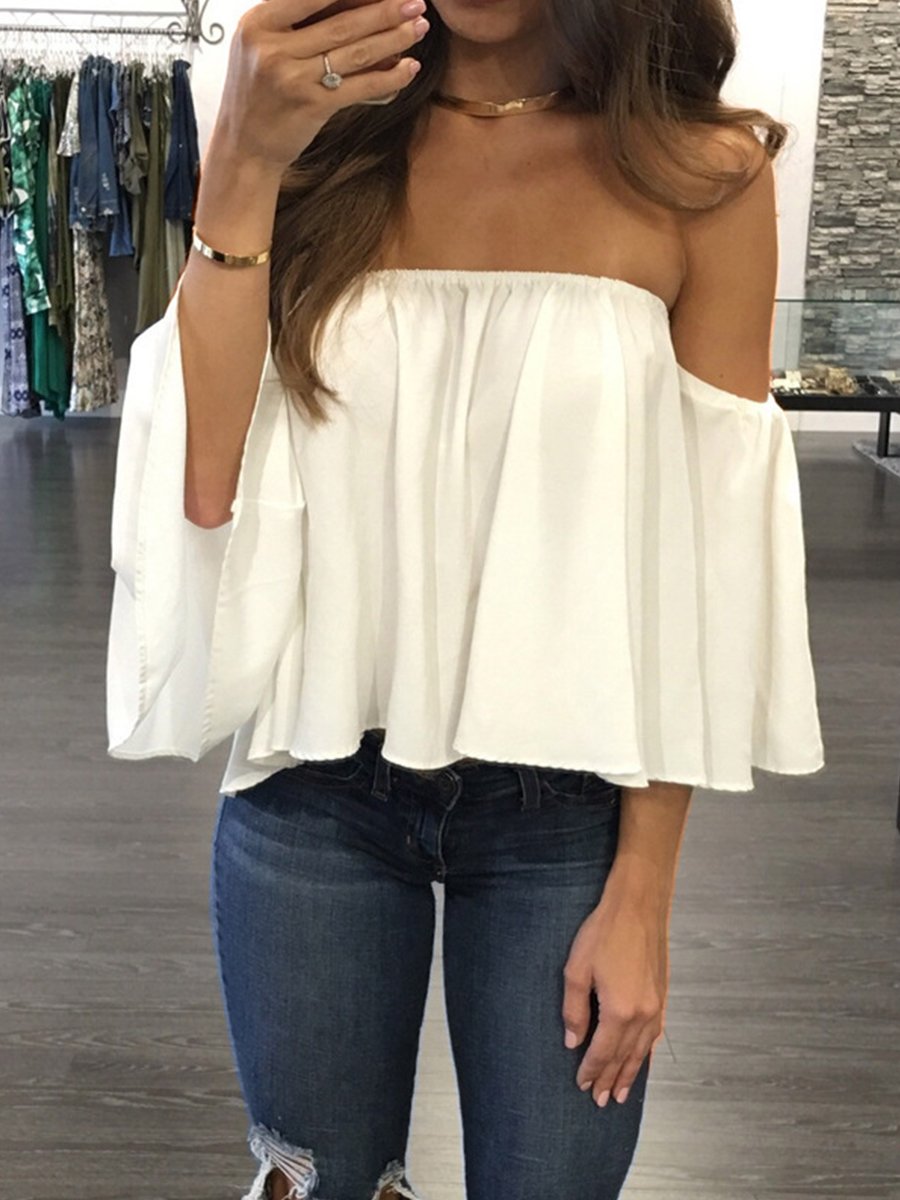 Off Shoulder Solid Color Chiffon Blouse