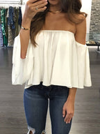 Off Shoulder Solid Color Chiffon Blouse
