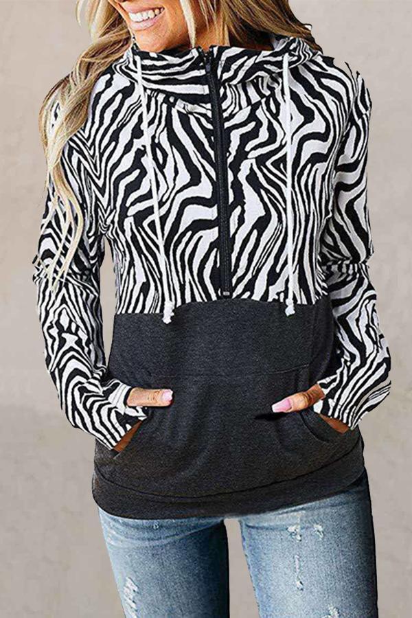 Patchwork Mandarin Collar Hooded Sweatshirt