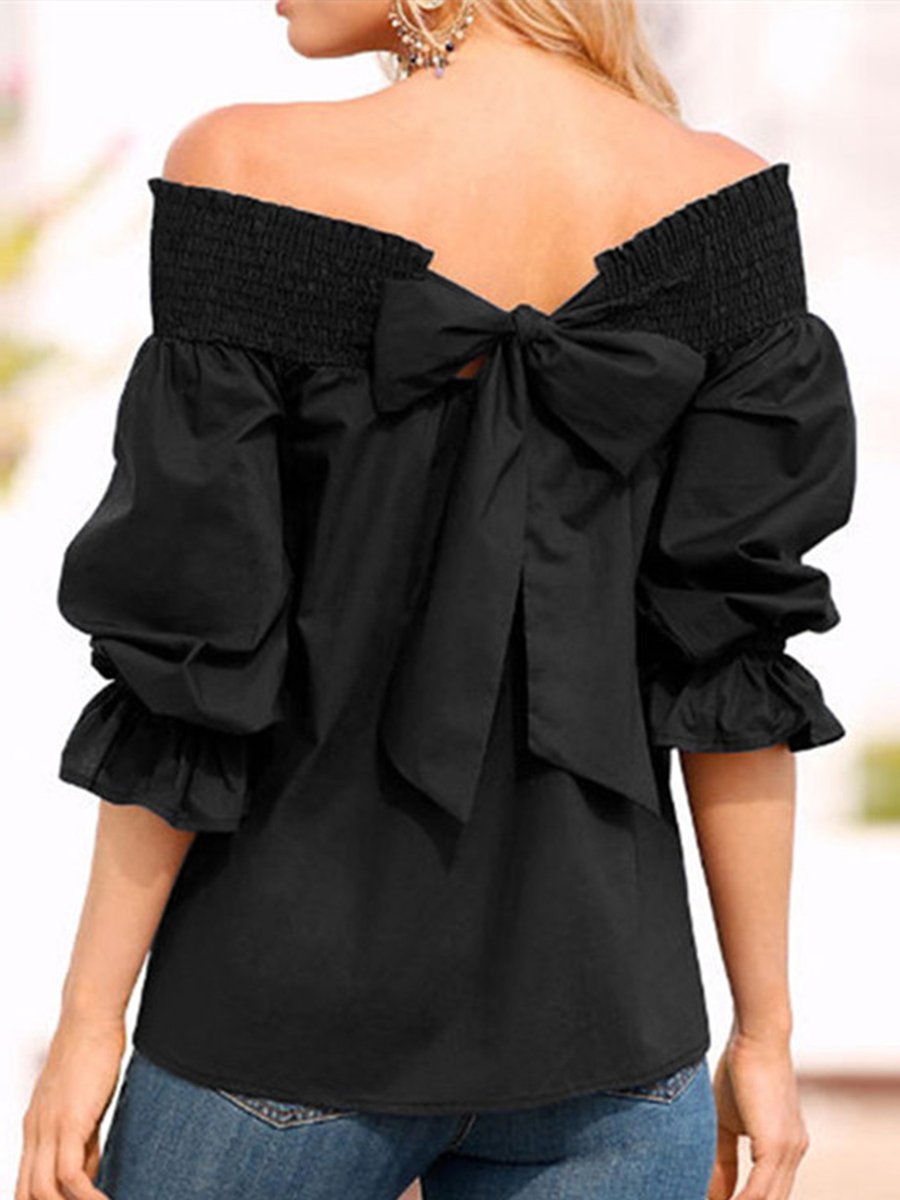 Elegant One Shoulder Bow Tie Mid Sleeve Blouse