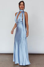 Deep V Neck Halter Open Back White Bridesmaid Maxi Dress