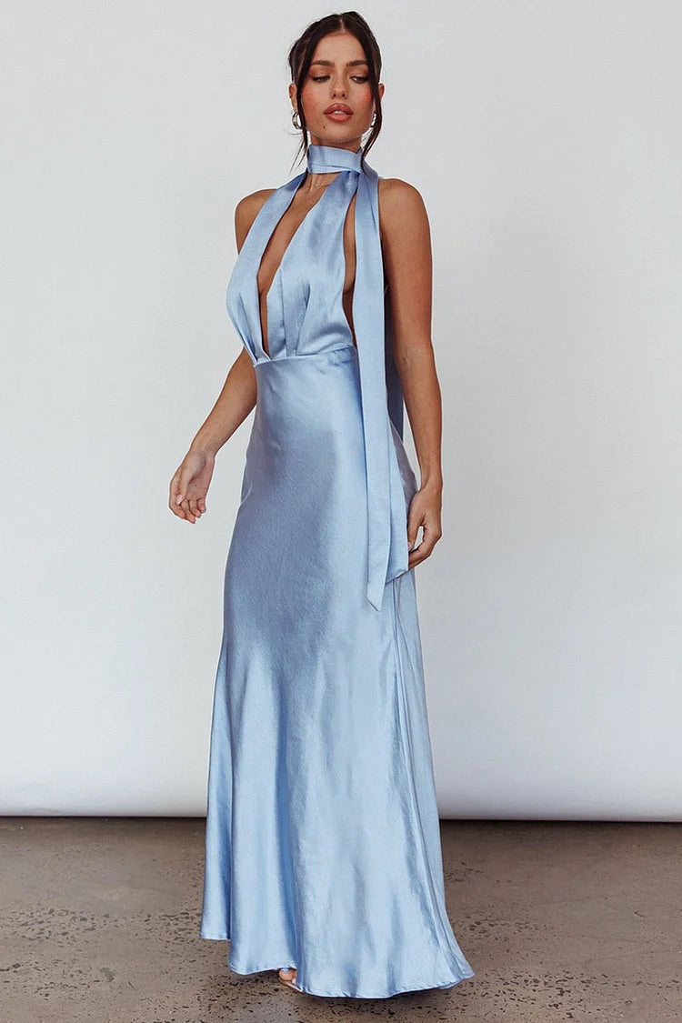 Deep V Neck Halter Open Back White Bridesmaid Maxi Dress