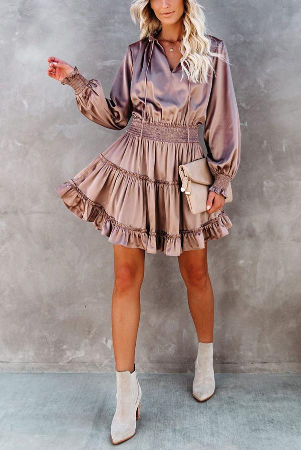 Satin Solid Color Puff Sleeve Dress