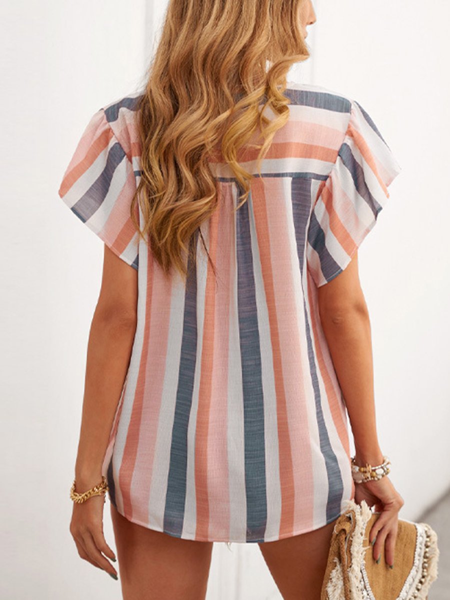 Striped Contrast V-neck Ruffled Short-sleeved Top