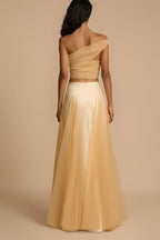 Romance Factor Satin Patchwork Tulle High Rise Elastic Waist A-line Maxi Skirt