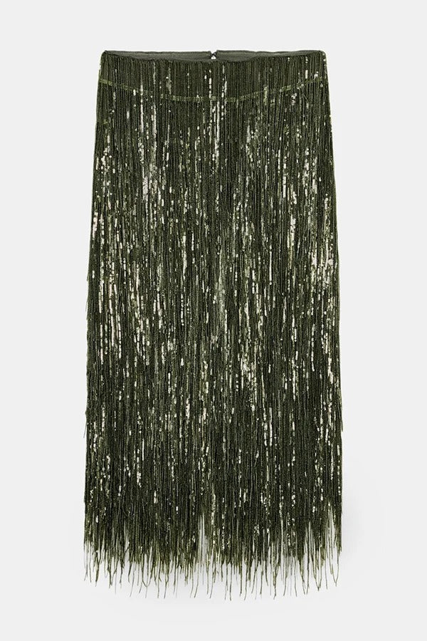 Stylish Sequined Tassel Elegant Midi Skirt
