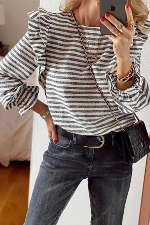 Striped & Ruffle Long Sleeve Top