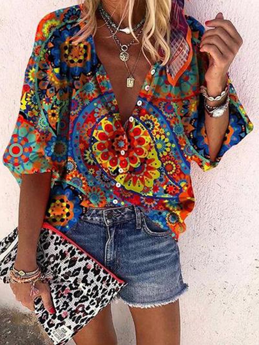 Boho Print Long Sleeve Loose-fit Shirt