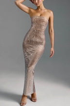 Flash Sculpture Rhinestone Embellished Bandeau Slit Stretch Maxi Dress