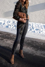 Camo Puff Sleeve V-neck Chiffon Blouse