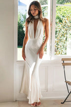 Deep V Neck Halter Open Back White Bridesmaid Maxi Dress